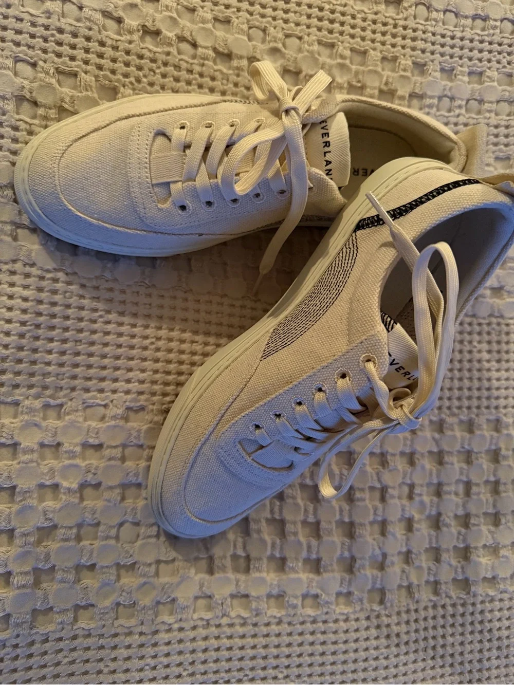 Everlane Tread-Bare Cream Canvas Sneakers with Black Trim - Low Top Lace-Up